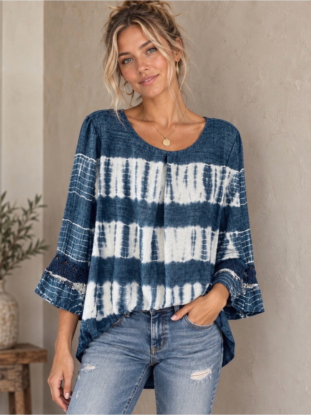 I.N. San Francisco Tie Dye Peasant Blouse